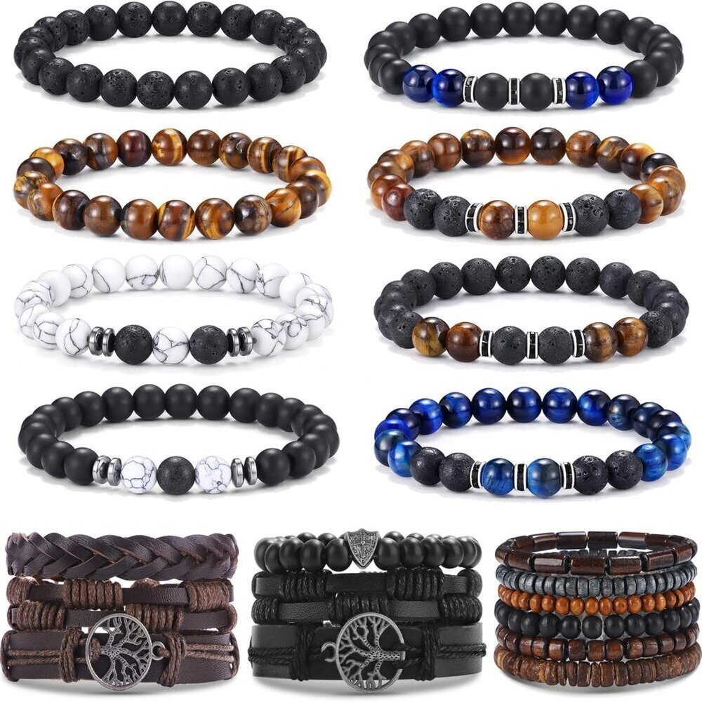 Tiger Eye Adjustable Beaded Men Bracelet with Leather Tree of Life Stylish Gift